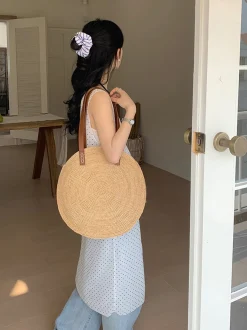 Elena Handbags Round Raffia Woven Shoulder Bag with Genuine Leather Straps