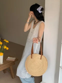 Elena Handbags Round Raffia Woven Shoulder Bag with Genuine Leather Straps