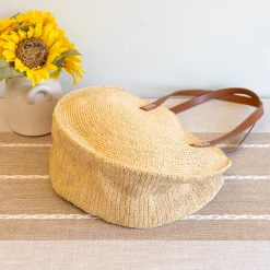 Elena Handbags Round Raffia Woven Shoulder Bag with Genuine Leather Straps