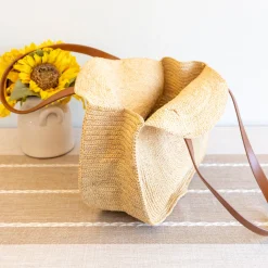 Elena Handbags Round Raffia Woven Shoulder Bag with Genuine Leather Straps