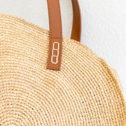 Elena Handbags Round Raffia Woven Shoulder Bag with Genuine Leather Straps