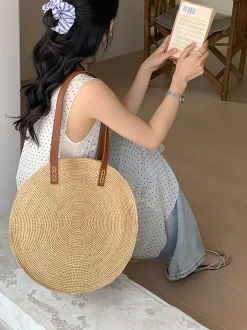 Elena Handbags Round Raffia Woven Shoulder Bag with Genuine Leather Straps