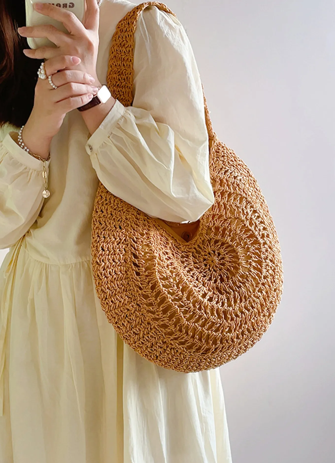 Elena Handbags Round Straw Fashion Tote