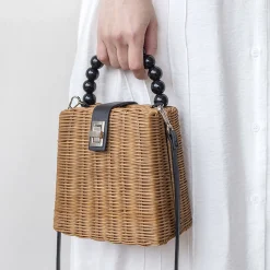 Elena Handbags Rustic Chic Women's Hand Woven Rattan Weave Basket Bag
