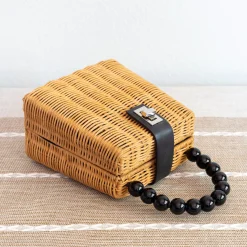 Elena Handbags Rustic Chic Women's Hand Woven Rattan Weave Basket Bag