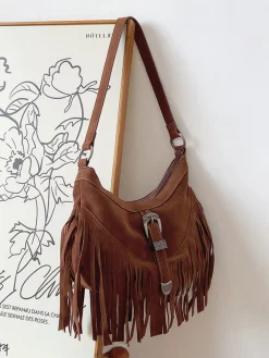 Elena Handbags Soft Suede Shoulder Bag with Tassel