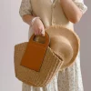 Elena Handbags Straw & Leather Top Handle Summer Bag