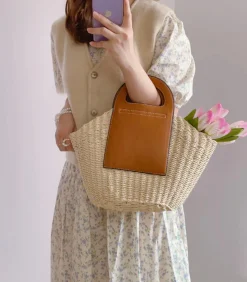 Elena Handbags Straw & Leather Top Handle Summer Bag