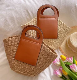 Elena Handbags Straw & Leather Top Handle Summer Bag