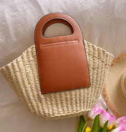 Elena Handbags Straw & Leather Top Handle Summer Bag