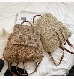 Elena Handbags Straw Backpack with Leather Strap