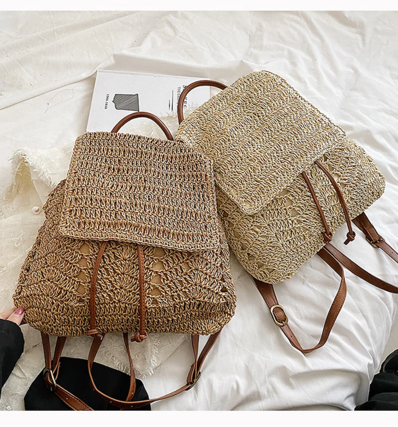Elena Handbags Straw Backpack with Leather Strap