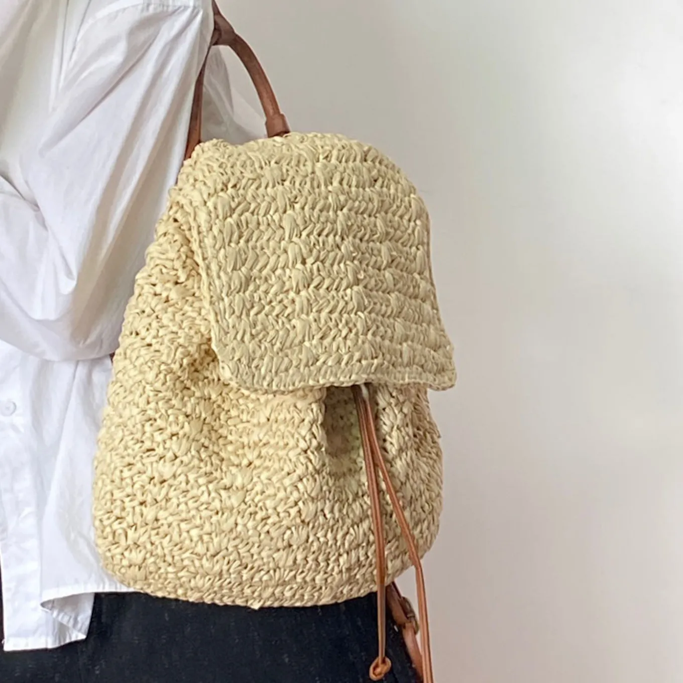 Elena Handbags Straw Backpack with Pu Leather Strap