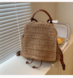 Elena Handbags Straw Backpack with Leather Strap