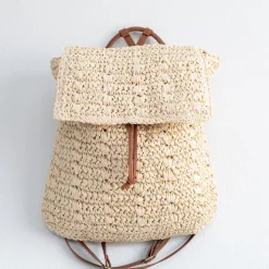 Elena Handbags Straw Backpack with Pu Leather Strap