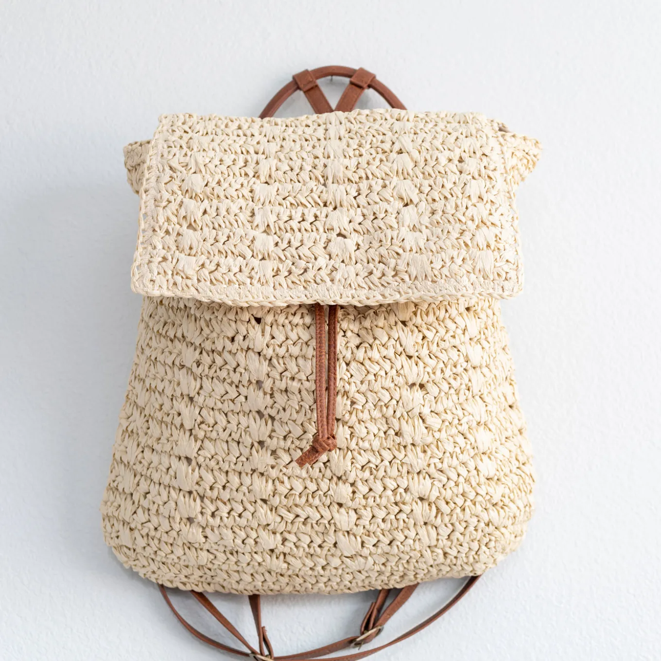 Elena Handbags Straw Backpack with Pu Leather Strap