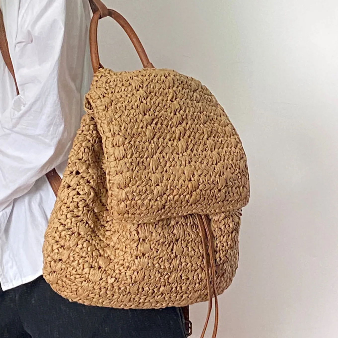 Elena Handbags Straw Backpack with Pu Leather Strap
