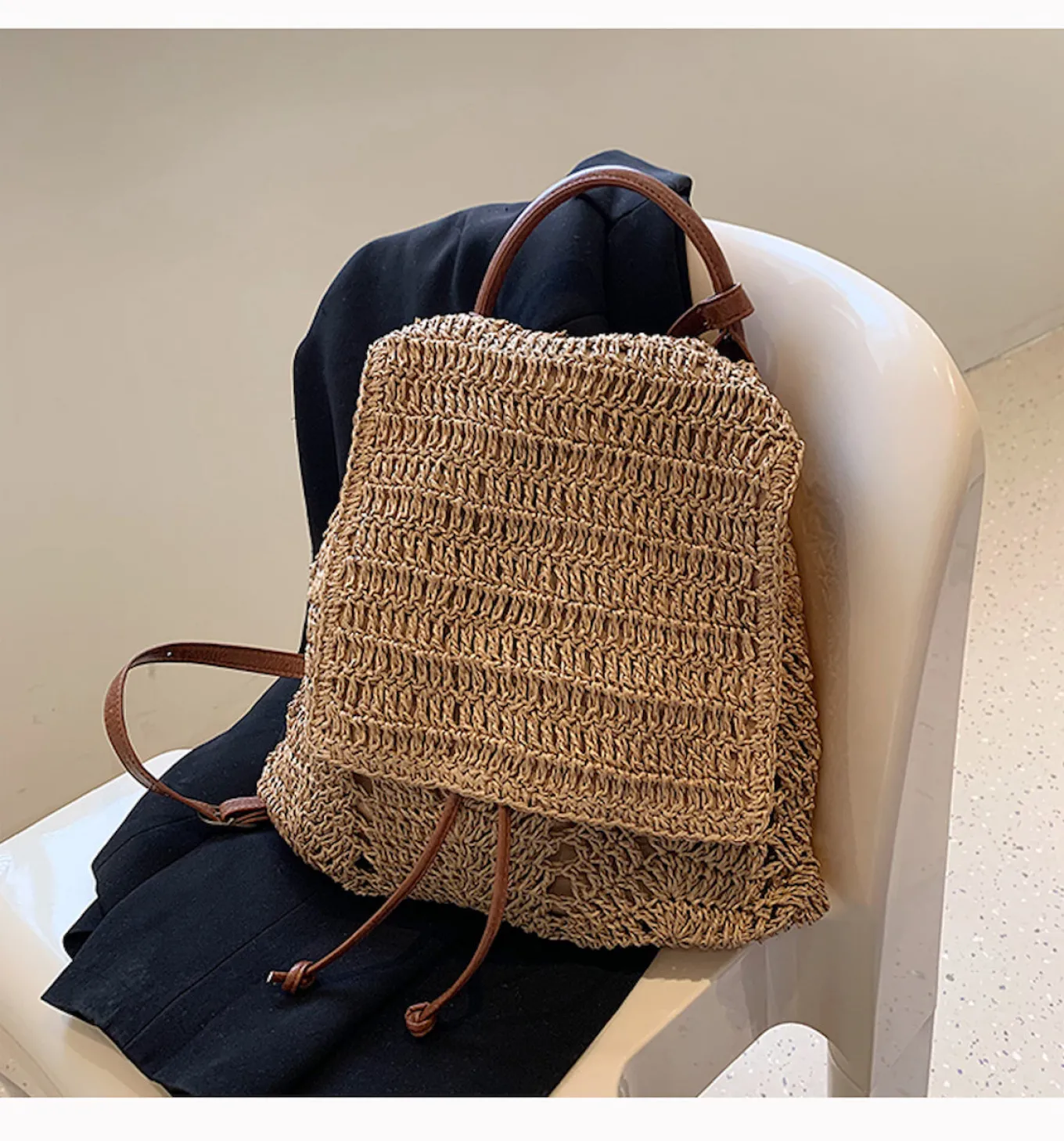 Elena Handbags Straw Backpack with Leather Strap