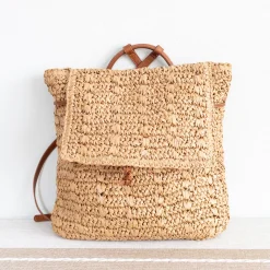 Elena Handbags Straw Backpack with Pu Leather Strap