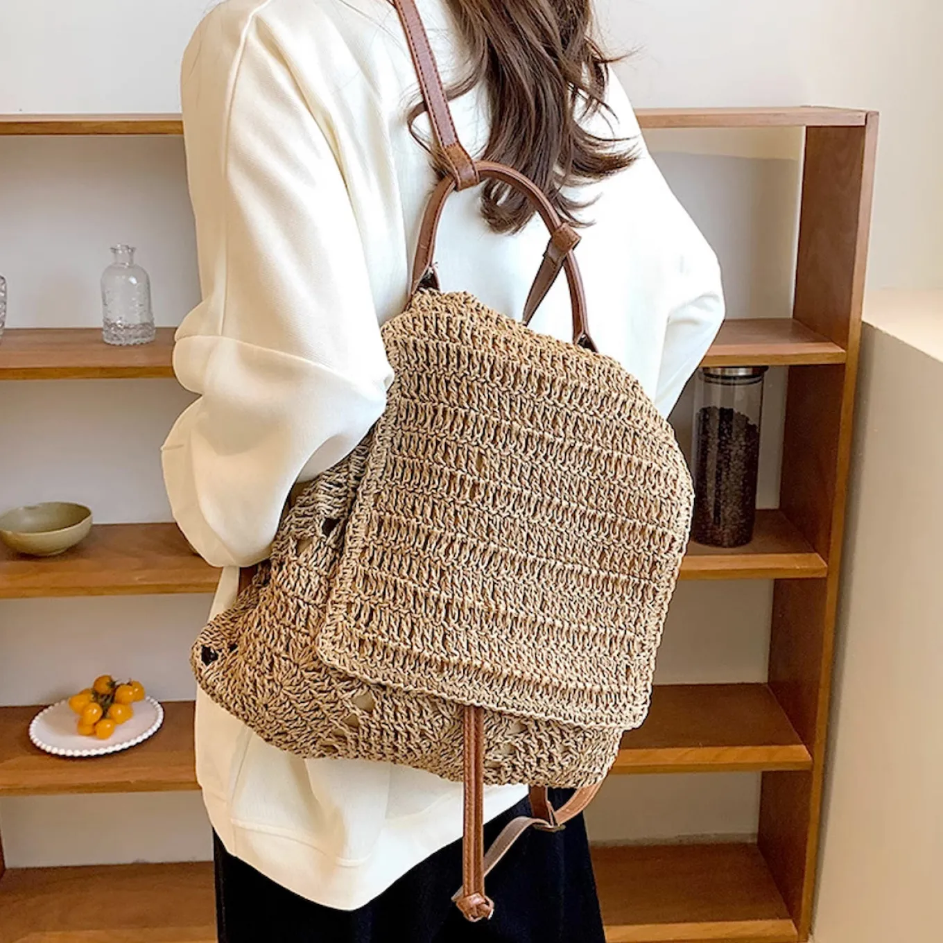 Elena Handbags Straw Backpack with Leather Strap