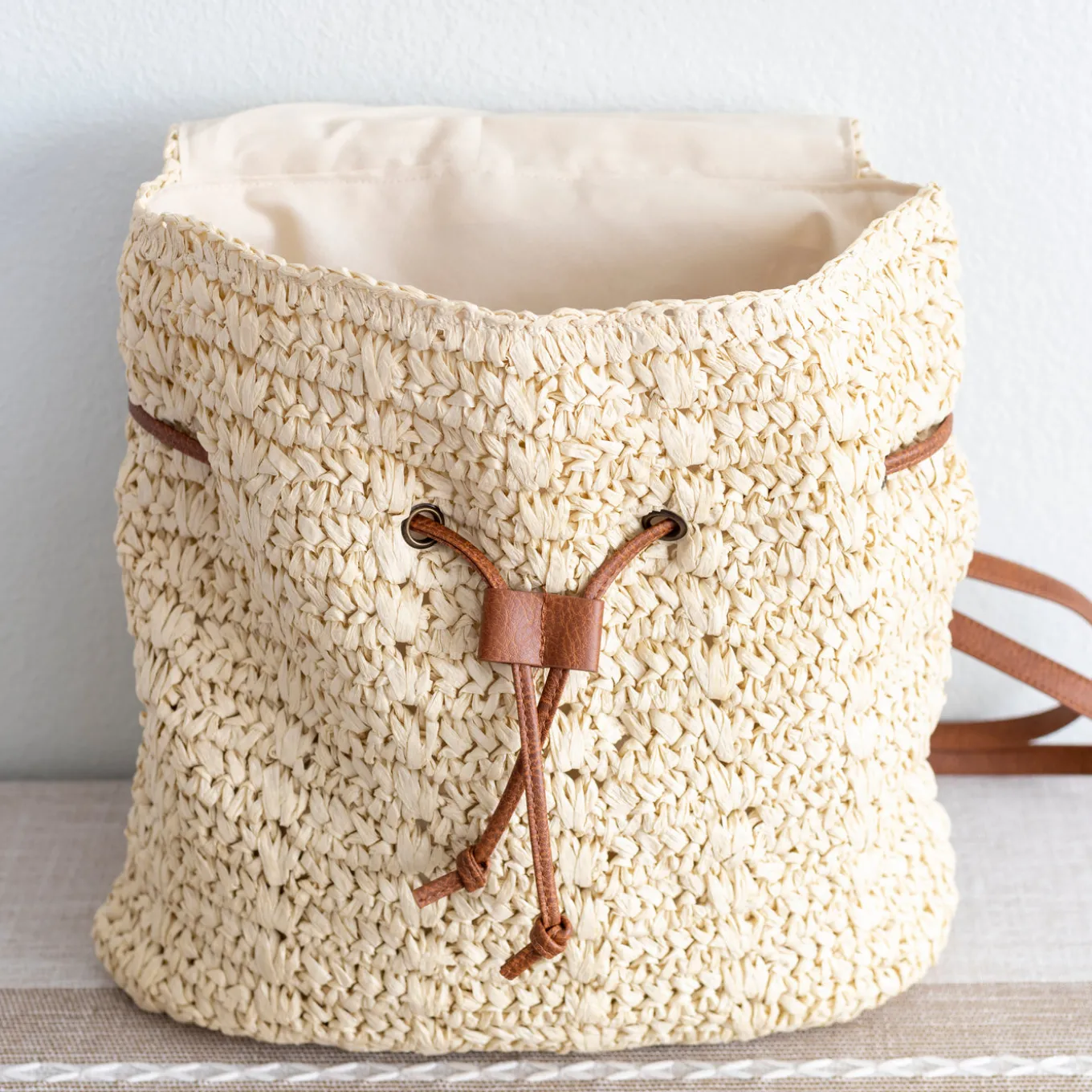 Elena Handbags Straw Backpack with Pu Leather Strap