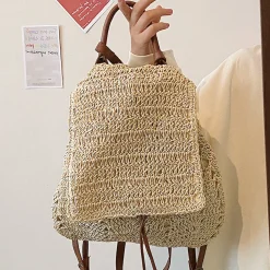Elena Handbags Straw Backpack with Leather Strap