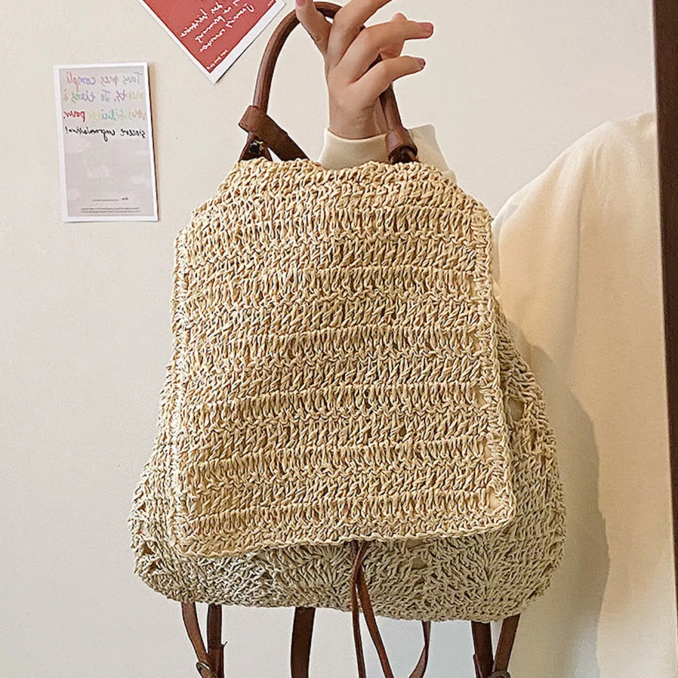 Elena Handbags Straw Backpack with Leather Strap