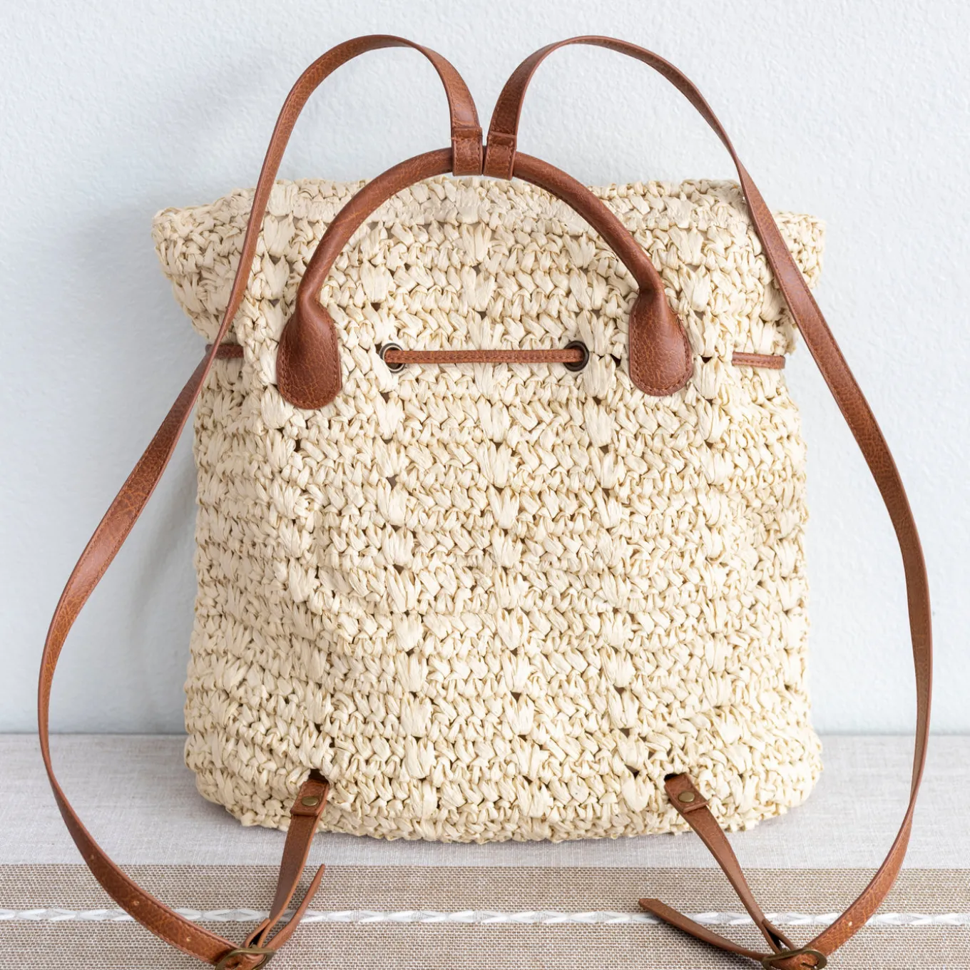 Elena Handbags Straw Backpack with Pu Leather Strap