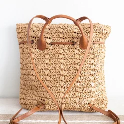 Elena Handbags Straw Backpack with Pu Leather Strap