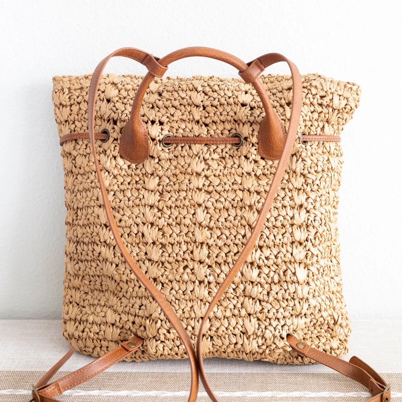 Elena Handbags Straw Backpack with Pu Leather Strap