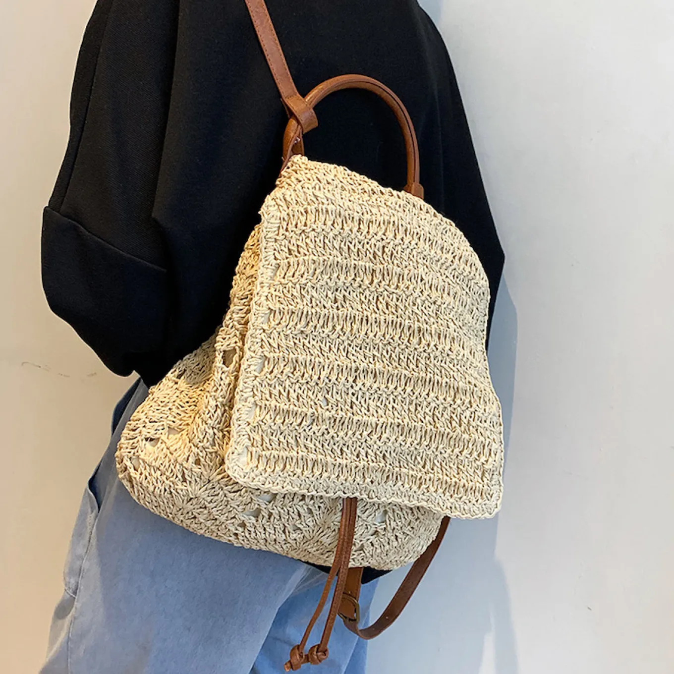 Elena Handbags Straw Backpack with Leather Strap