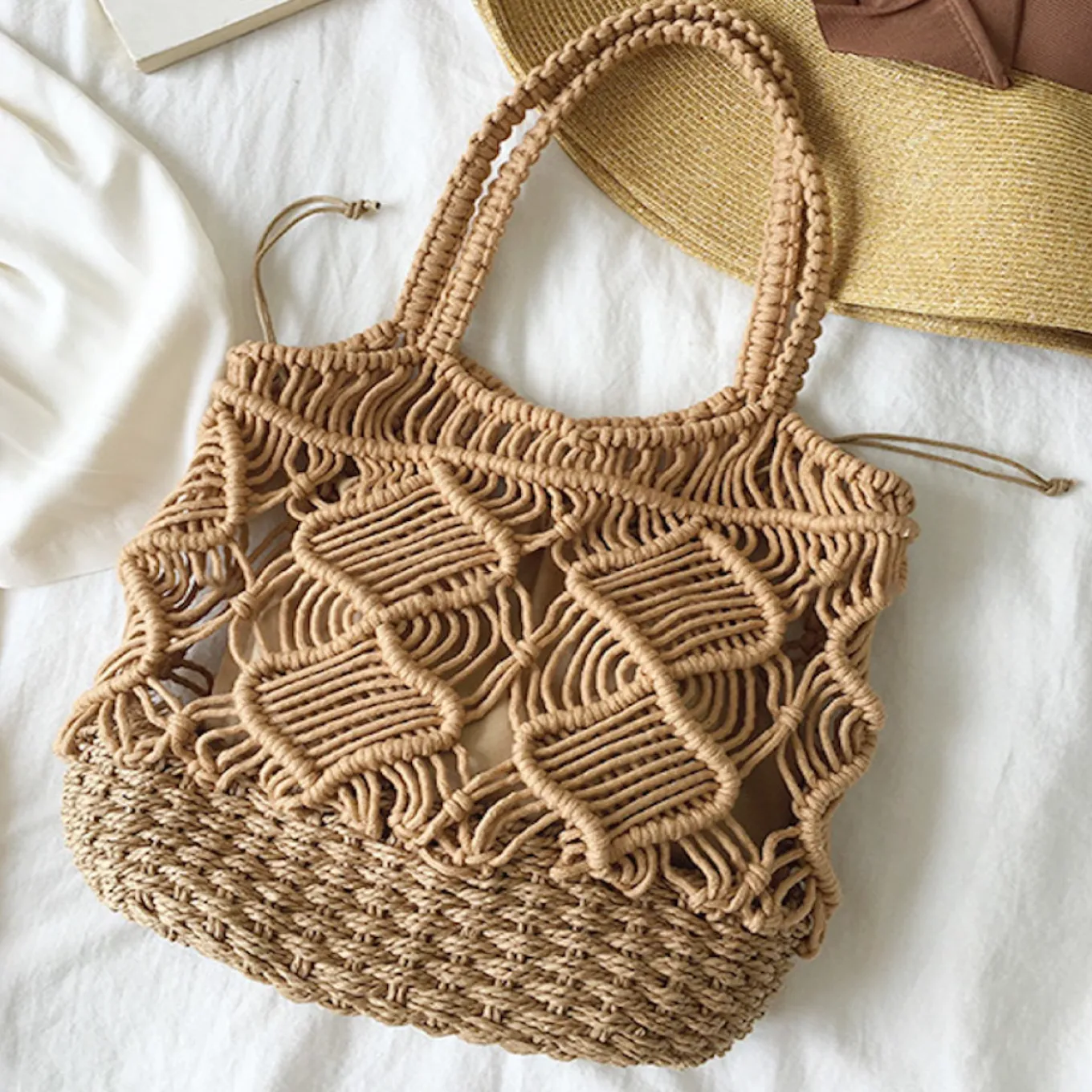 Elena Handbags Straw Bottom Cotton Handbag