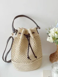 Elena Handbags Straw Bucket Shoulder Bag Summer Fashion
