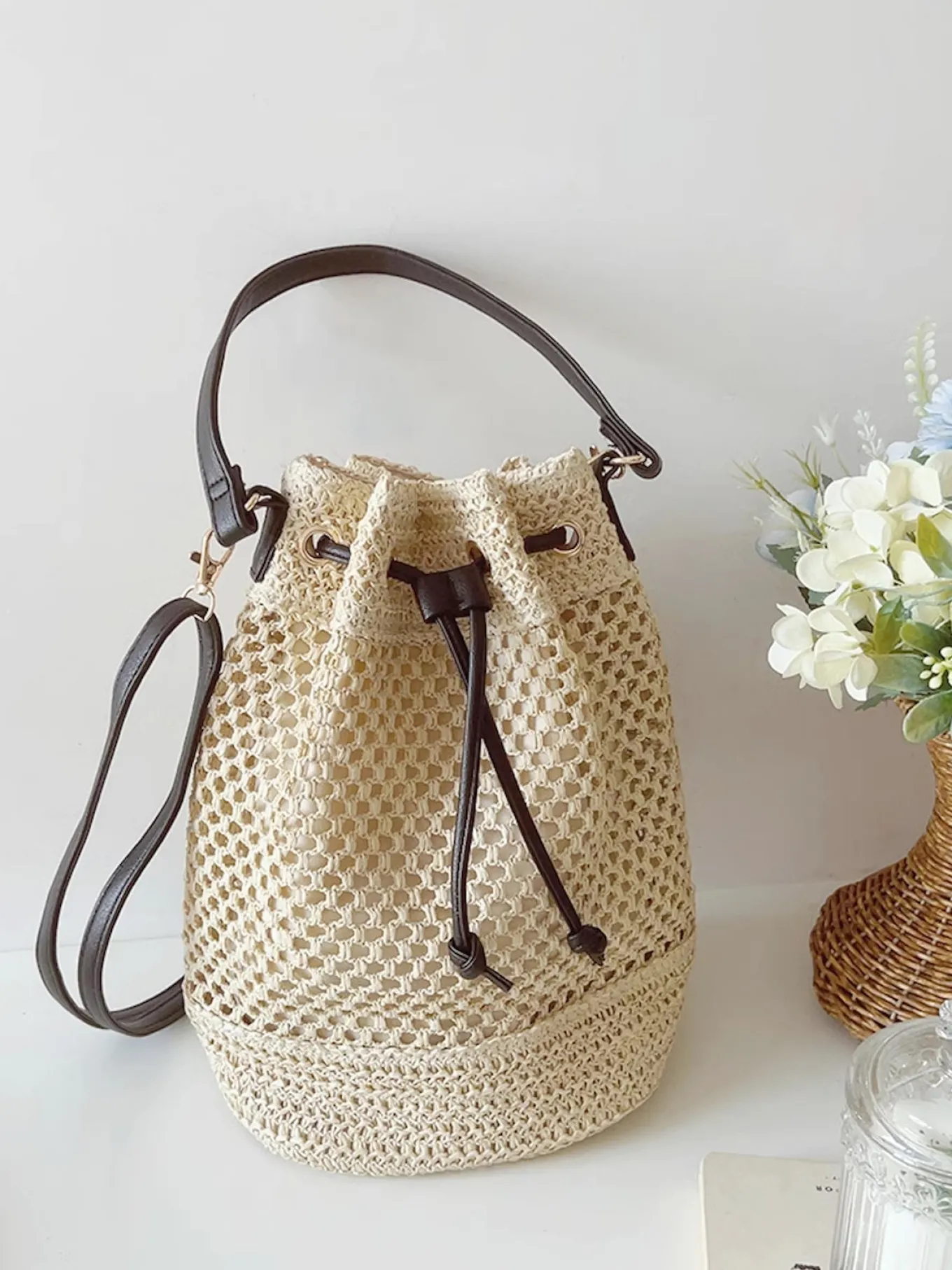 Elena Handbags Straw Bucket Shoulder Bag Summer Fashion