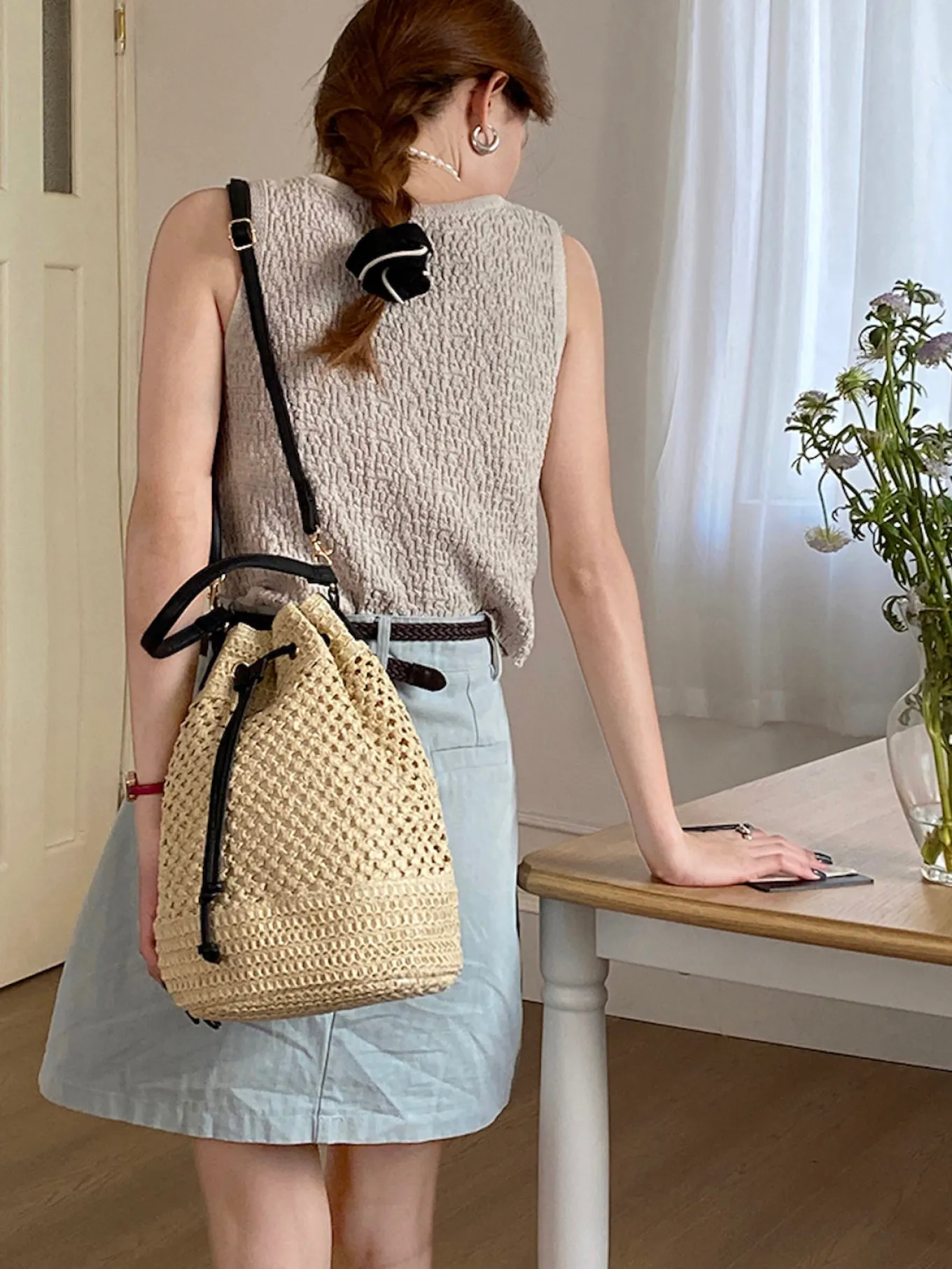 Elena Handbags Straw Bucket Shoulder Bag Summer Fashion