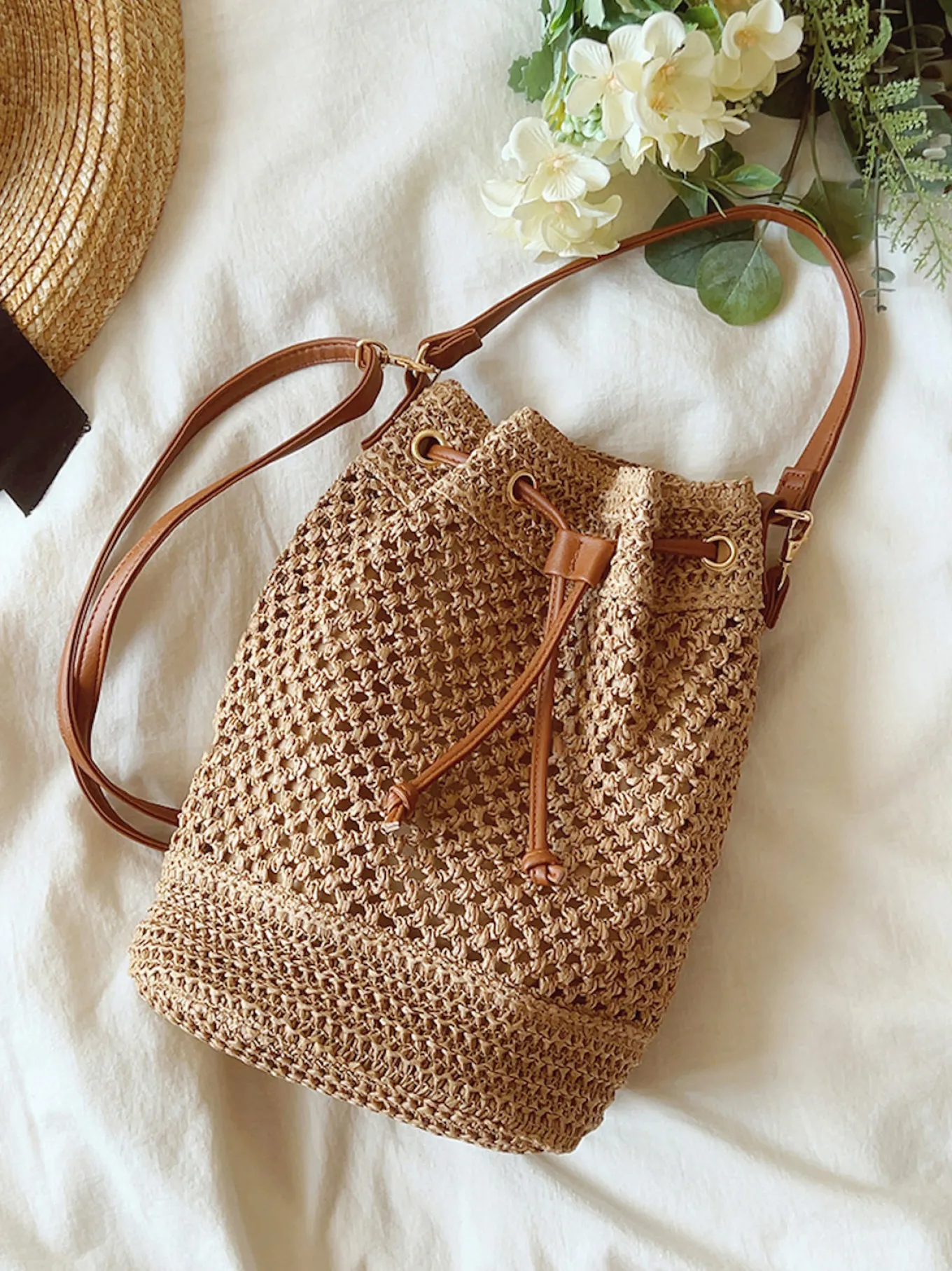 Elena Handbags Straw Bucket Shoulder Bag Summer Fashion
