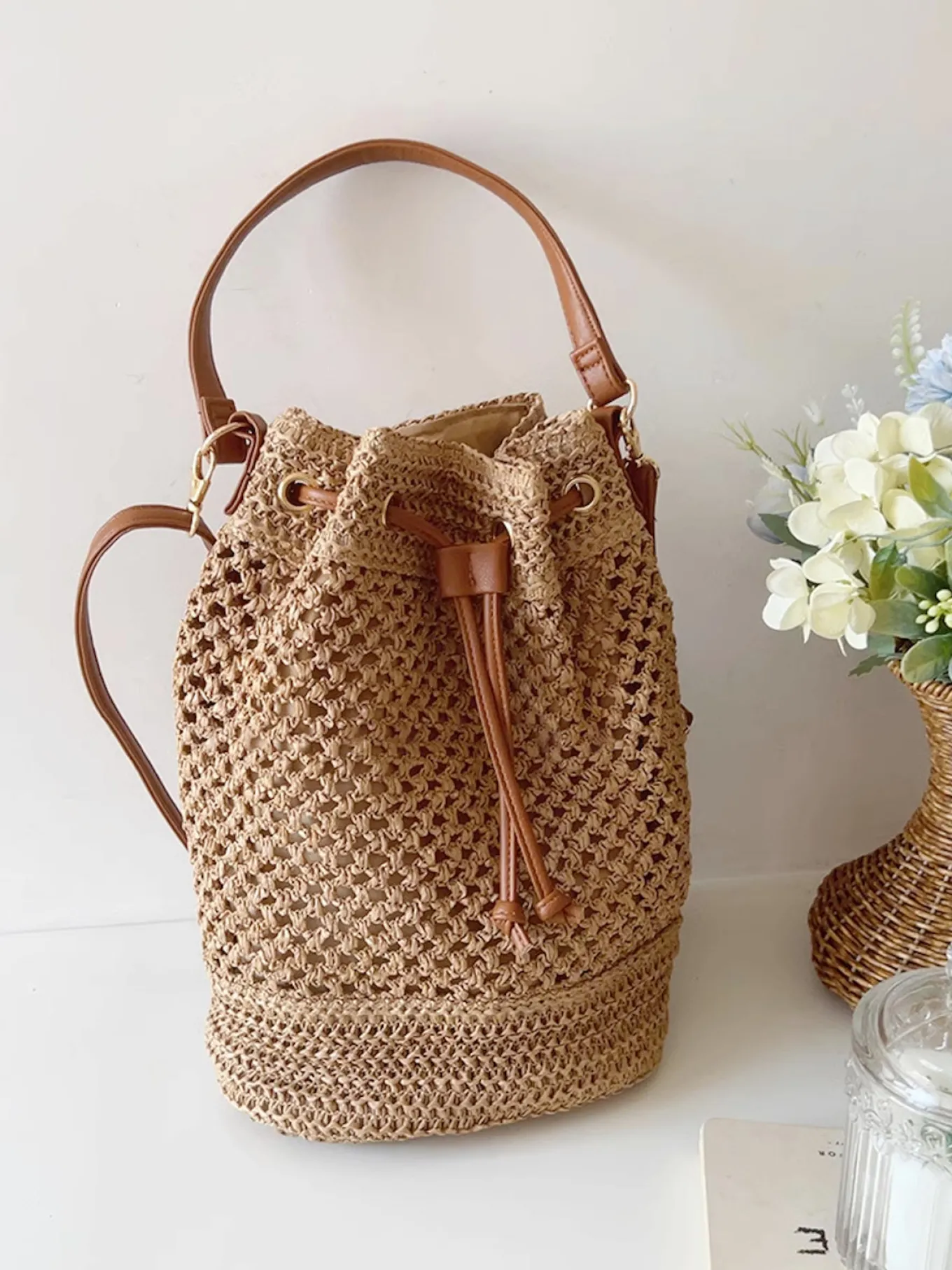 Elena Handbags Straw Bucket Shoulder Bag Summer Fashion