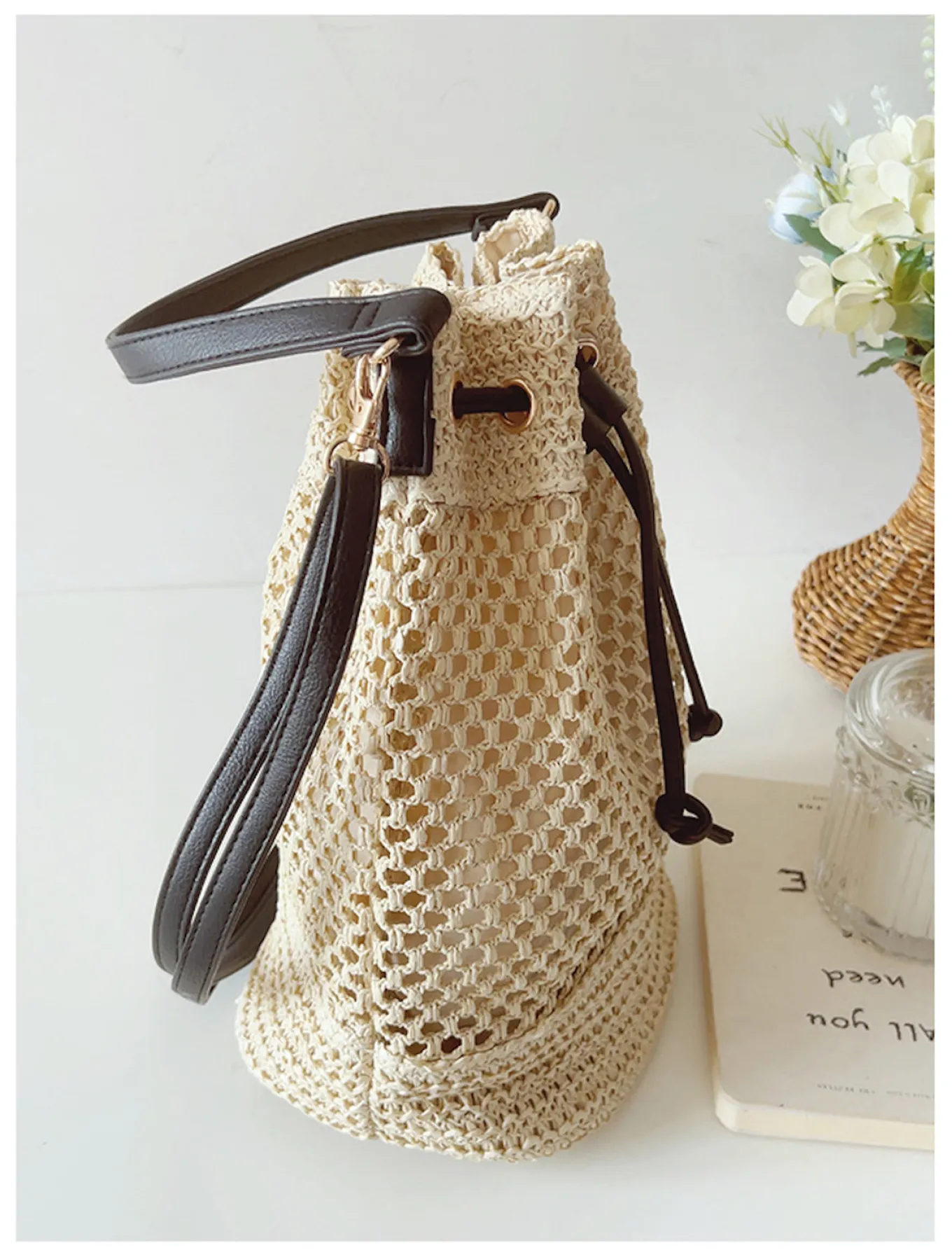 Elena Handbags Straw Bucket Shoulder Bag Summer Fashion
