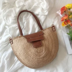 Elena Handbags Straw Half Moon Summer Purse