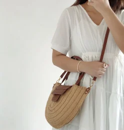 Elena Handbags Straw Half Moon Summer Purse
