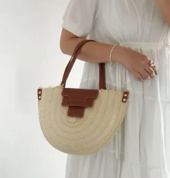 Elena Handbags Straw Half Moon Summer Purse