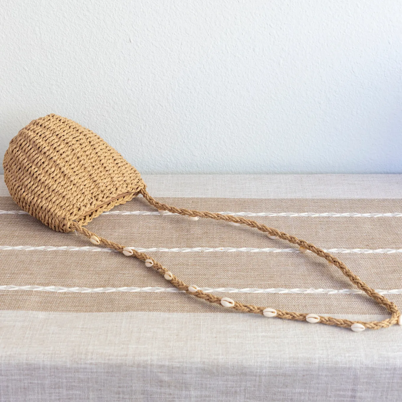 Elena Handbags Straw Shoulder Bag with Sea Shells Strap