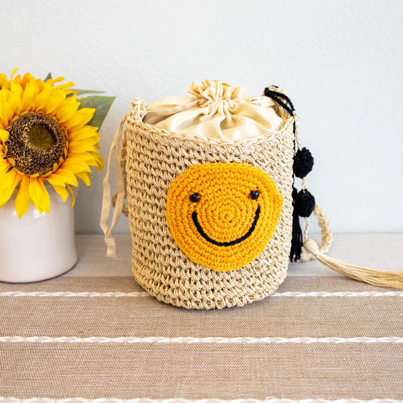 Elena Handbags Straw Smiley Face Crossbody Bag
