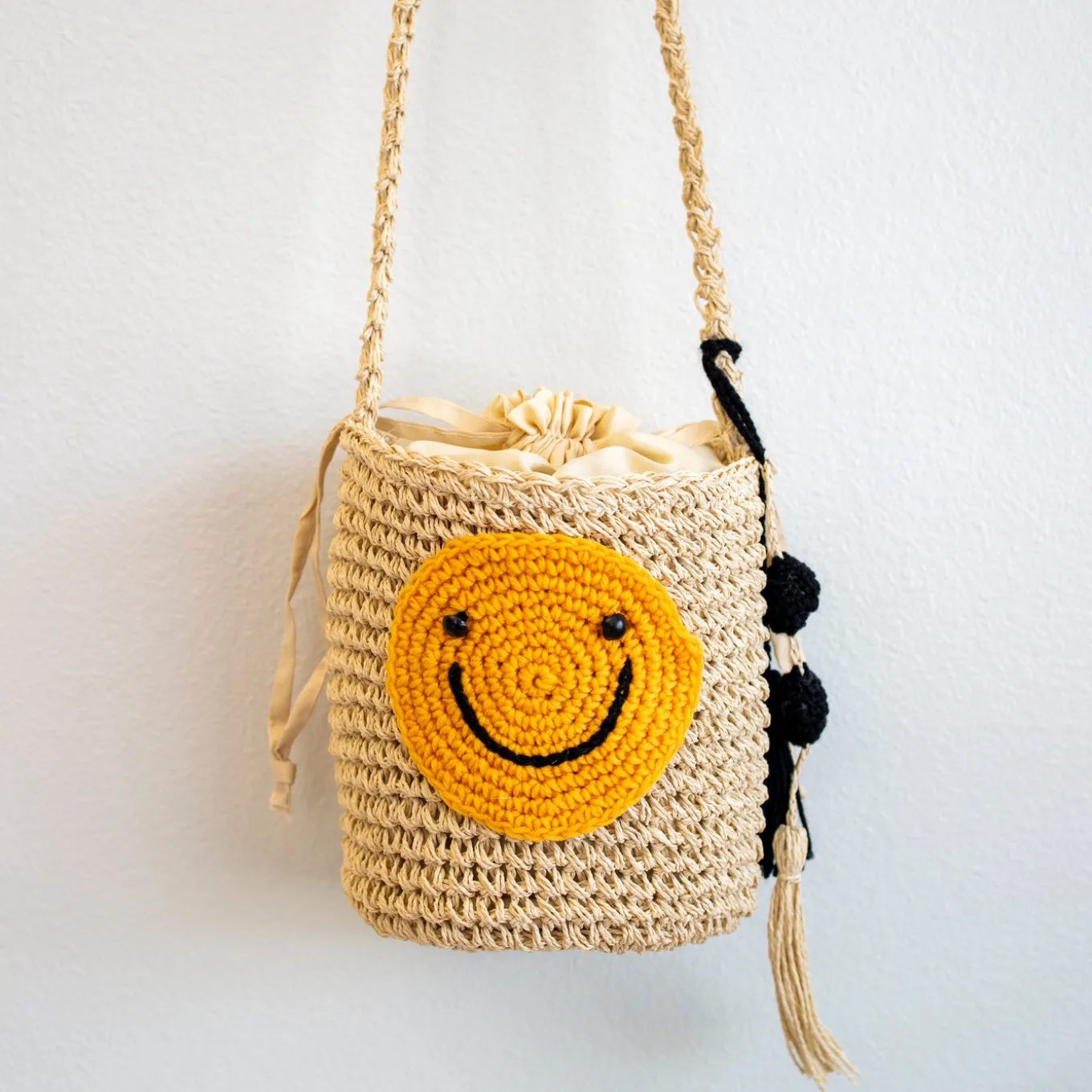 Elena Handbags Straw Smiley Face Crossbody Bag