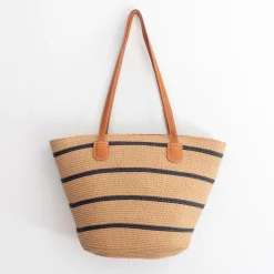 Elena Handbags Straw Summer Tote Beach Bag with Stripes
