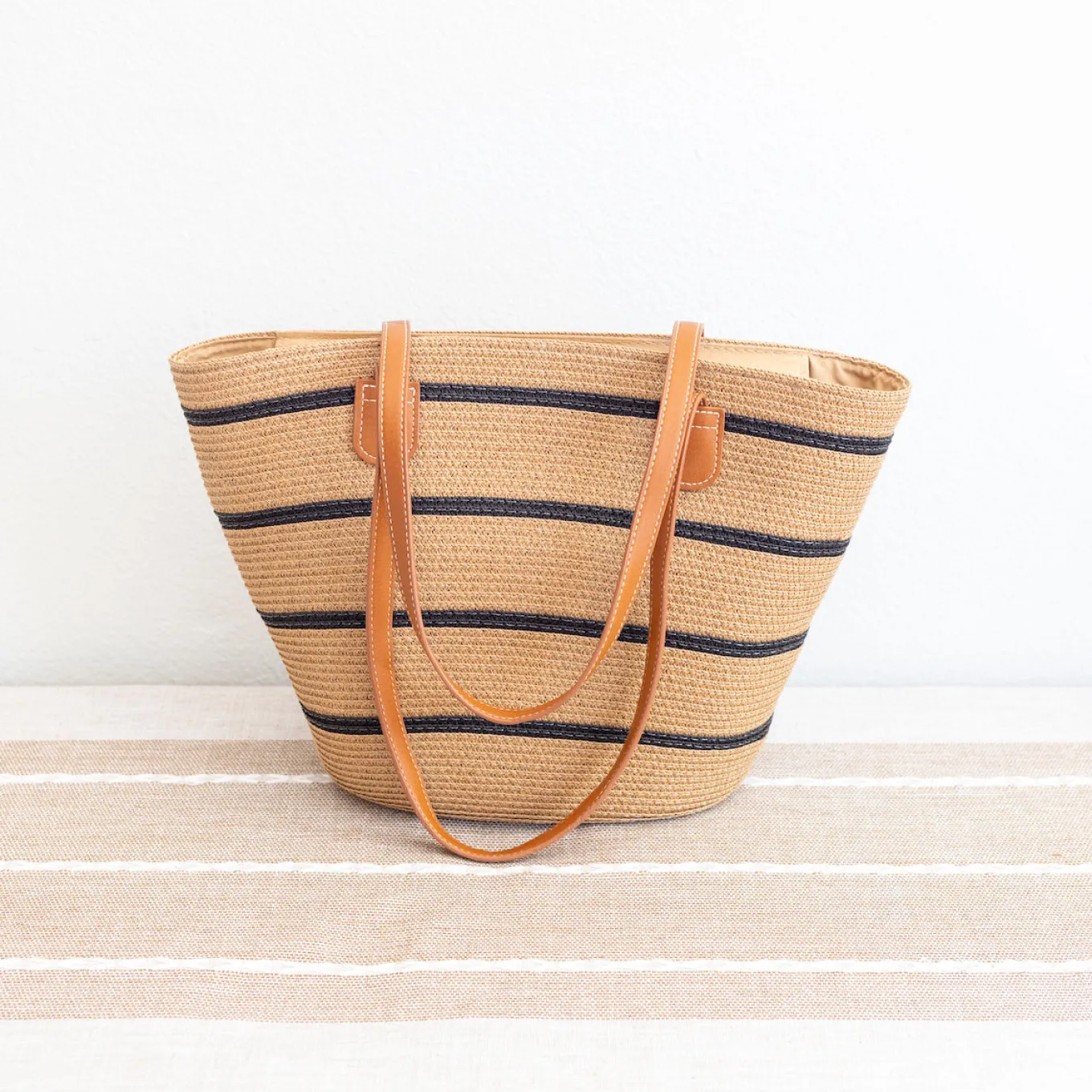 Elena Handbags Straw Summer Tote Beach Bag with Stripes