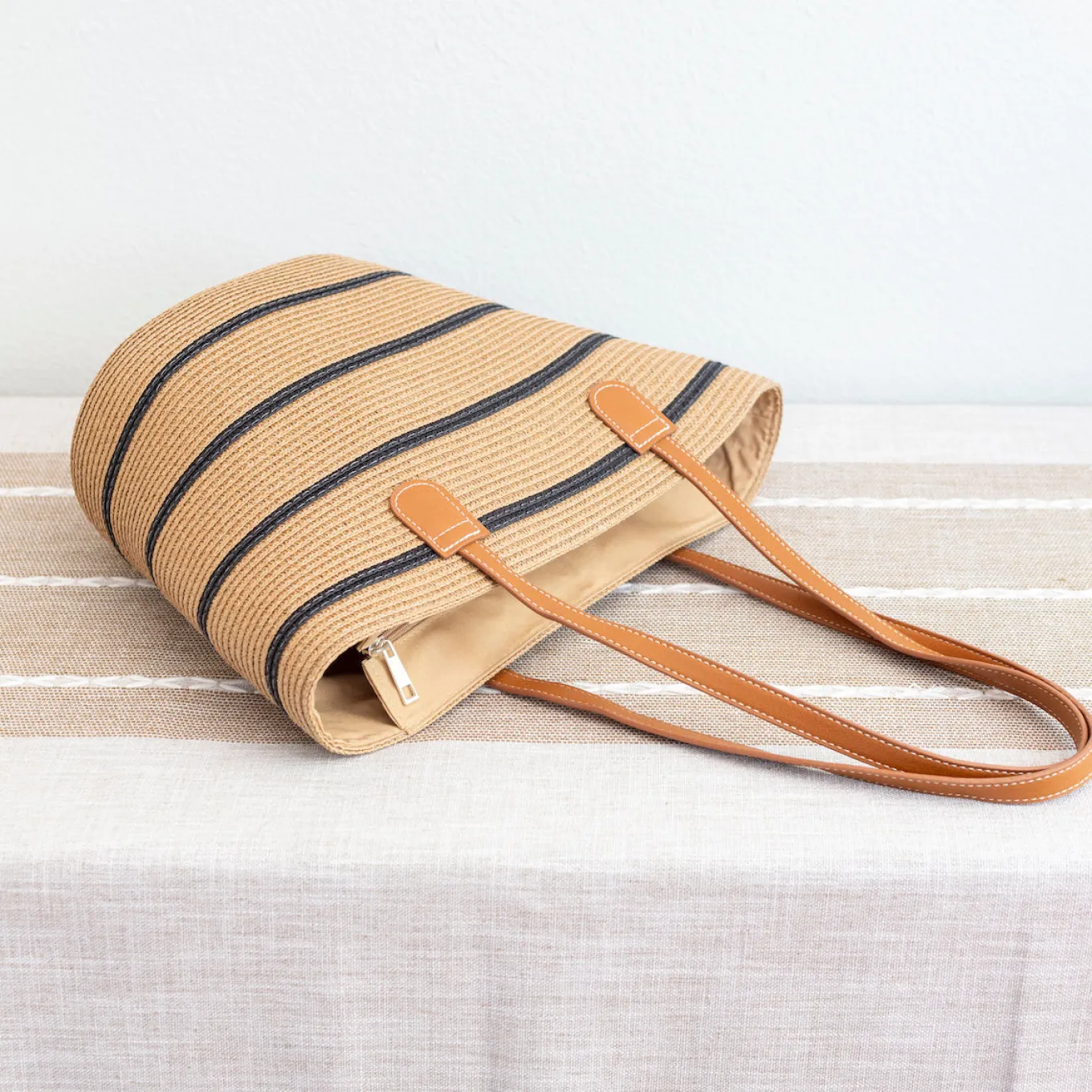 Elena Handbags Straw Summer Tote Beach Bag with Stripes