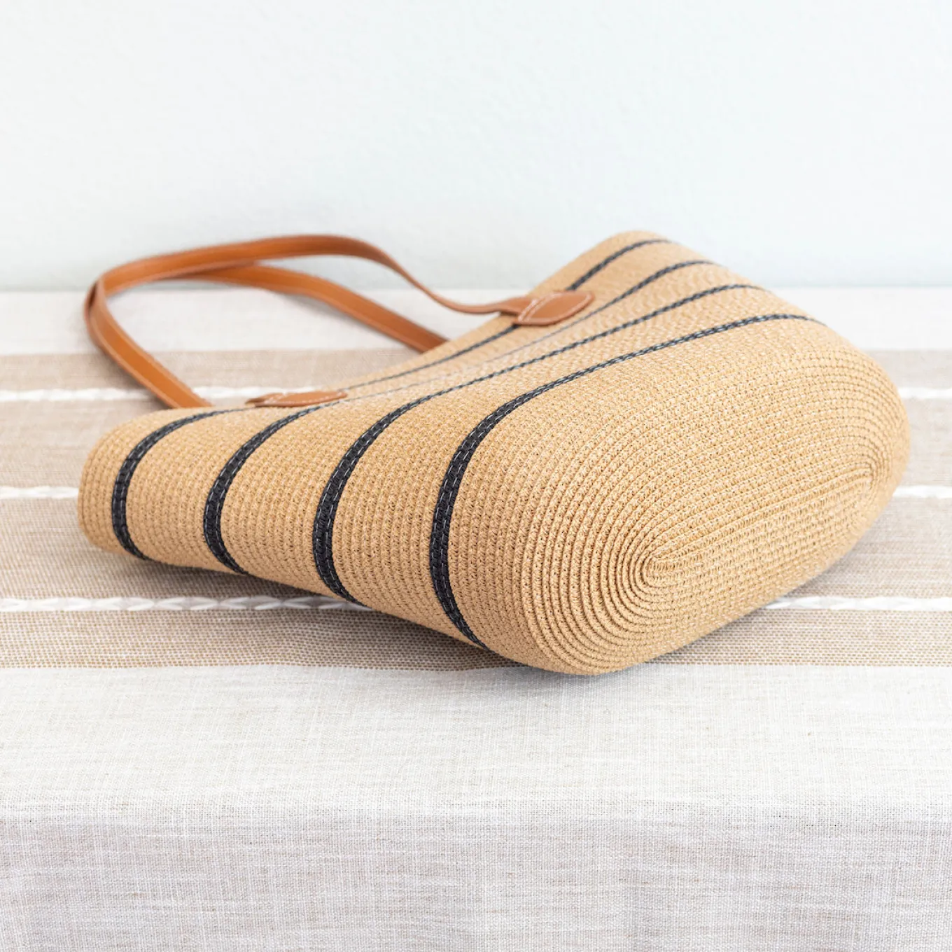 Elena Handbags Straw Summer Tote Beach Bag with Stripes
