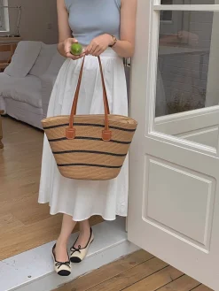 Elena Handbags Straw Summer Tote Beach Bag with Stripes