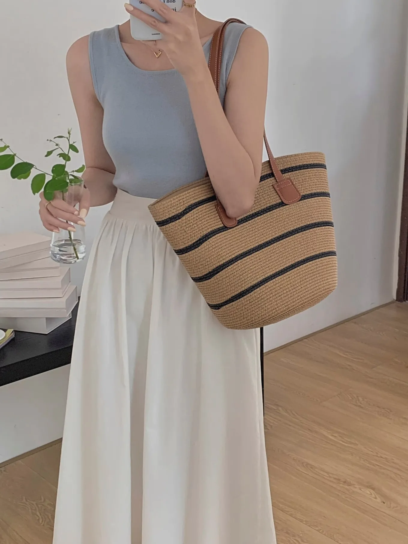 Elena Handbags Straw Summer Tote Beach Bag with Stripes